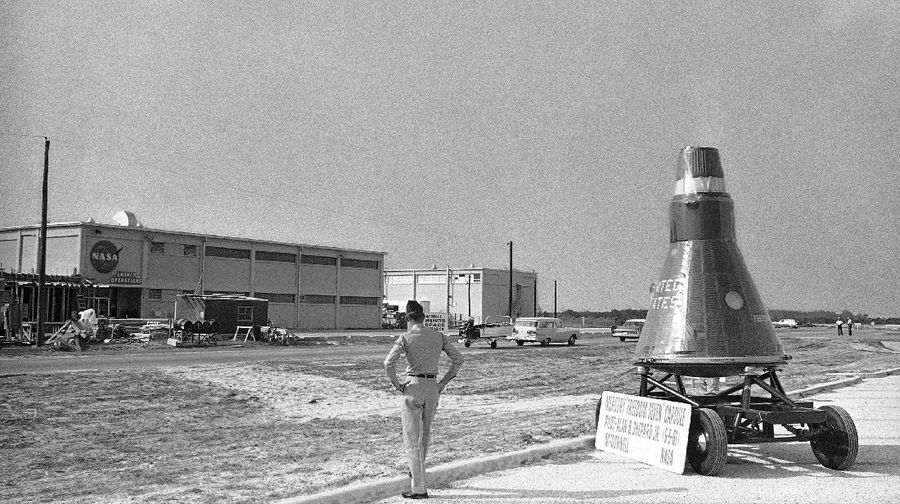 The Vostok type spaceship such as Yuri Gagarin and other cosmonauts orbited the Earth, is on public display in Moscow, April 29, 1968 for the first time. Cosmonauts ride in the Dome at left ahead of the instrument section. Last stage of launching rocket is cylinder at rear which detaches after firing. (AP Photo)