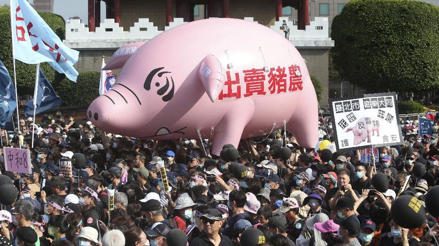 People hold a pig model with a slogan 