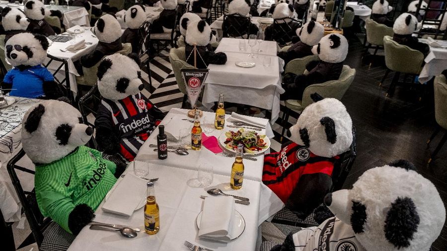 Plush pandas and Corona beer bottles decorate the tables of a closed restaurant in Frankfurt, Germany, Tuesday, Nov. 24, 2020. Restaurants all over Germany were closed as a partial lockdown began in November to avoid the further outspread of the coronavirus. (AP Photo/Michael Probst)
