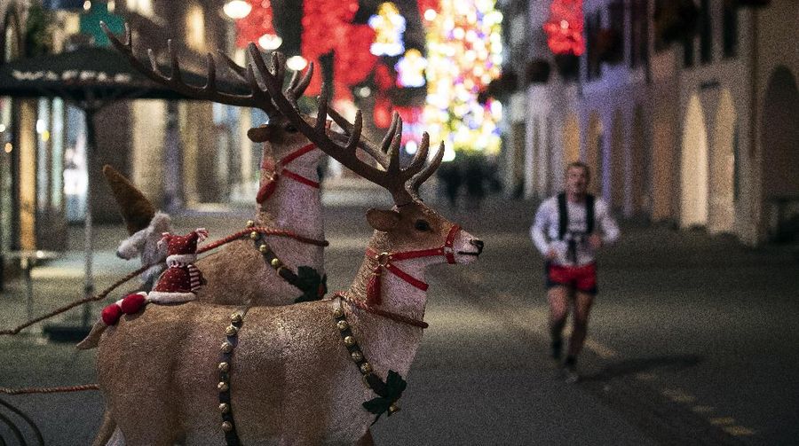 Christmas lightings are pictured where the Christmas market usually takes place, Friday, Nov.27, 2020 in Strasbourg, eastern France. Due to the COVID-19 pandemic, the well-known festive market will not be taking place this year. (AP Photo/Jean-Francois Badias)