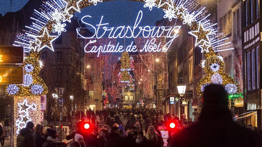 Christmas lightings are pictured where the Christmas market usually takes place, Friday, Nov.27, 2020 in Strasbourg, eastern France. Due to the COVID-19 pandemic, the well-known festive market will not be taking place this year. (AP Photo/Jean-Francois Badias)