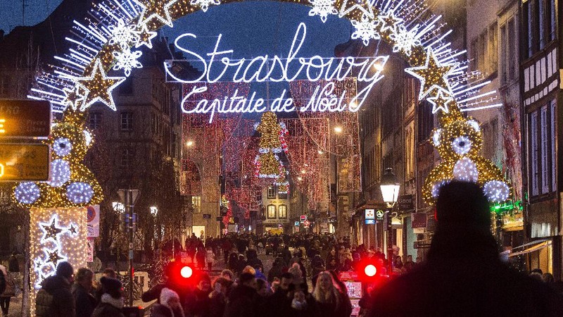 Christmas lightings are pictured where the Christmas market usually takes place, Friday, Nov.27, 2020 in Strasbourg, eastern France. Due to the COVID-19 pandemic, the well-known festive market will not be taking place this year. (AP Photo/Jean-Francois Badias)