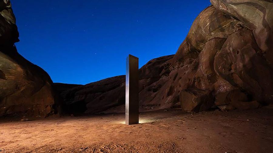 AThis Nov. 27, 2020 photo by Terrance Siemon shows a monolith that was placed in a red-rock desert in an undisclosed location in San Juan County southeastern Utah. New clues have surfaced in the disappearance of the gleaming monolith in Utah that seemed to melt away as mysteriously as it appeared in the red-rock desert. A Colorado photographer told a TV station in Salt Lake City that he saw four men push over the hollow, stainless steel structure in Utah on Friday night. (Terrance Siemon via AP)