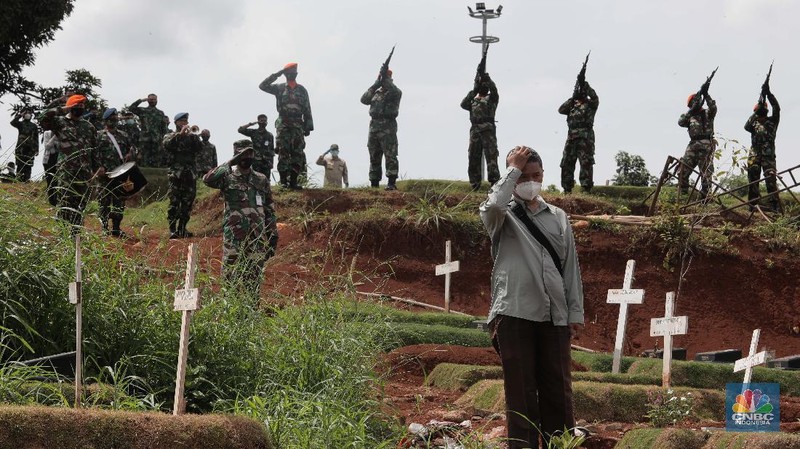 Suasana upacara pemakaman jenazah COVID-19 dengan upacara militer di kawasan TPU Pondok Ranggon Blok Unit Kristen, Jakarta Timur, Kamis (3/12/2020). Lahan khusus untuk jenazah COVID-19 muslim di TPU Pondok Ranggon, Jakarta Timur, penuh. Karena itu, TPU Pondok Ranggon memutuskan hanya melayani jenazah COVID-19 muslim dengan sistem tumpang. Dikutip dari Detikcom 