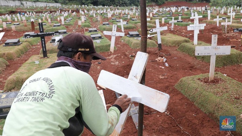 Suasana upacara pemakaman jenazah COVID-19 dengan upacara militer di kawasan TPU Pondok Ranggon Blok Unit Kristen, Jakarta Timur, Kamis (3/12/2020). Lahan khusus untuk jenazah COVID-19 muslim di TPU Pondok Ranggon, Jakarta Timur, penuh. Karena itu, TPU Pondok Ranggon memutuskan hanya melayani jenazah COVID-19 muslim dengan sistem tumpang. Dikutip dari Detikcom 