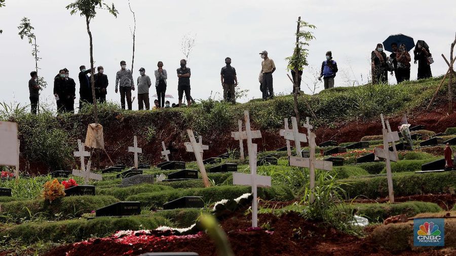 Suasana upacara pemakaman jenazah COVID-19 dengan upacara militer di kawasan TPU Pondok Ranggon Blok Unit Kristen, Jakarta Timur, Kamis (3/12/2020). Lahan khusus untuk jenazah COVID-19 muslim di TPU Pondok Ranggon, Jakarta Timur, penuh. Karena itu, TPU Pondok Ranggon memutuskan hanya melayani jenazah COVID-19 muslim dengan sistem tumpang. Dikutip dari Detikcom 