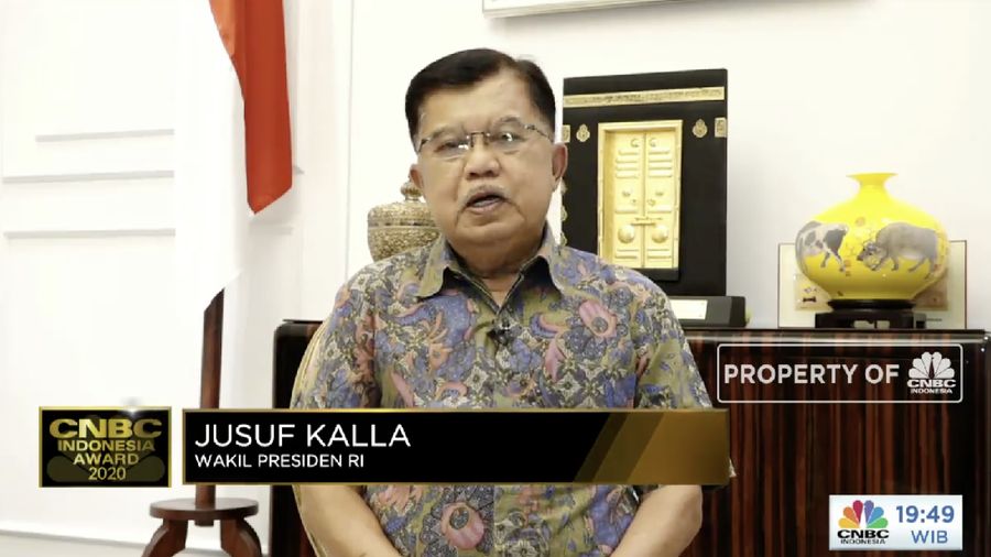 Wakil Presiden RI 2014-2019, H.M. Jusuf Kalla dalam acara CNBC Indonesia Award 2020 dengan tema Menyongsong Bangkitnya Ekonomi Indonesia 2021. (Tangkapan layar CNBC TV)