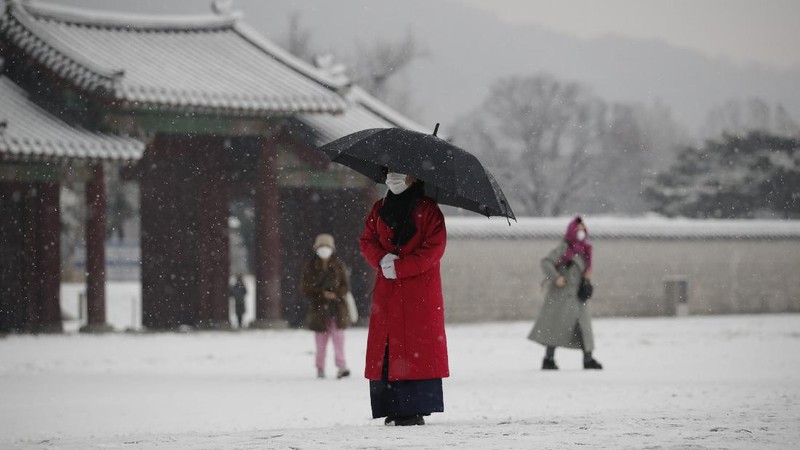 A resident wearing a face mask as a precaution against the coronavirus walks a dog through snow in Goyang, South Korea, Sunday, Dec. 13, 2020. (AP Photo/Lee Jin-man)