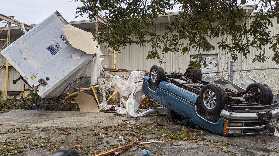 Damage is seen after a possible tornado touched down in the area Wednesday, Dec. 16, 2020, in Pinellas Park, Fla. (Douglas R. Clifford/Tampa Bay Times via AP)