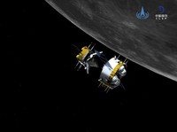 This graphic simulation image provided by China National Space Administration shows the orbiter and returner combination of China's Chang'e-5 probe after its separation from the ascender, at the Beijing Aerospace Control Center (BACC) in Beijing Sund