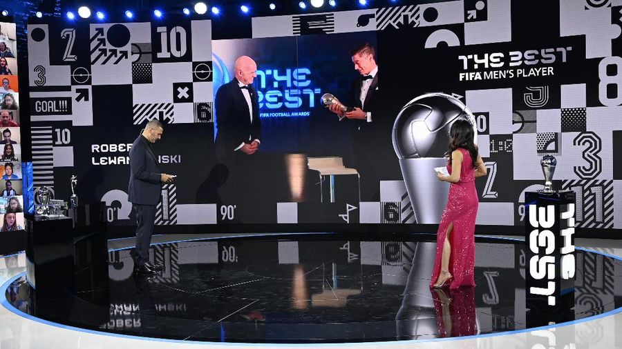 A general view of the studio before the Best FIFA Football Awards Ceremony, which this will take place via video in Zurich, Switzerland, Thursday, Dec. 17, 2020. (Valeriano Di Domenico/Pool via AP)