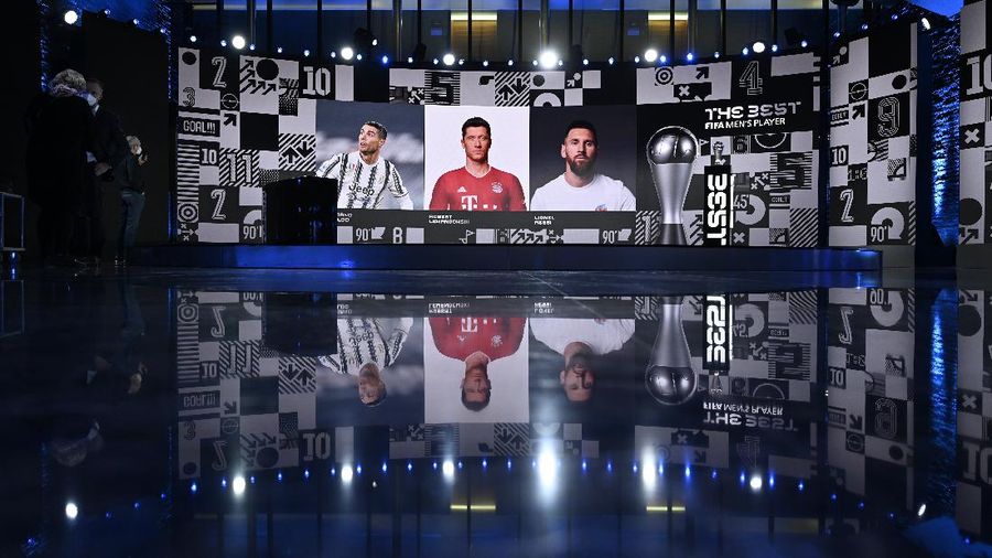 A general view of the studio before the Best FIFA Football Awards Ceremony, which this will take place via video in Zurich, Switzerland, Thursday, Dec. 17, 2020. (Valeriano Di Domenico/Pool via AP)