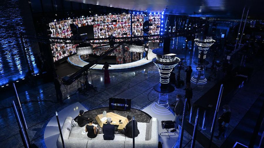 A general view of the studio before the Best FIFA Football Awards Ceremony, which this will take place via video in Zurich, Switzerland, Thursday, Dec. 17, 2020. (Valeriano Di Domenico/Pool via AP)