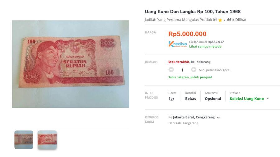 Penjualan uang Rp 500 Tahun Emisi 1968 gambar Jenderal Soedirman di Marketplace. (Tangkapan Layar Tokopedia)