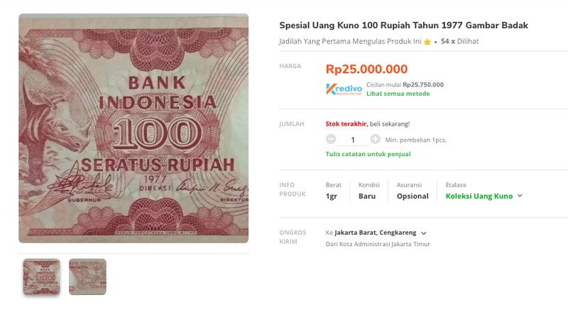 Penjualan uang Rp 500 Tahun Emisi 1968 gambar Jenderal Soedirman di Marketplace. (Tangkapan Layar Tokopedia)