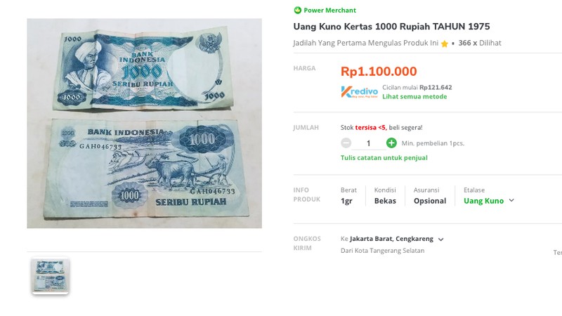 Penjualan uang Rp 500 Tahun Emisi 1968 gambar Jenderal Soedirman di Marketplace. (Tangkapan Layar Tokopedia)