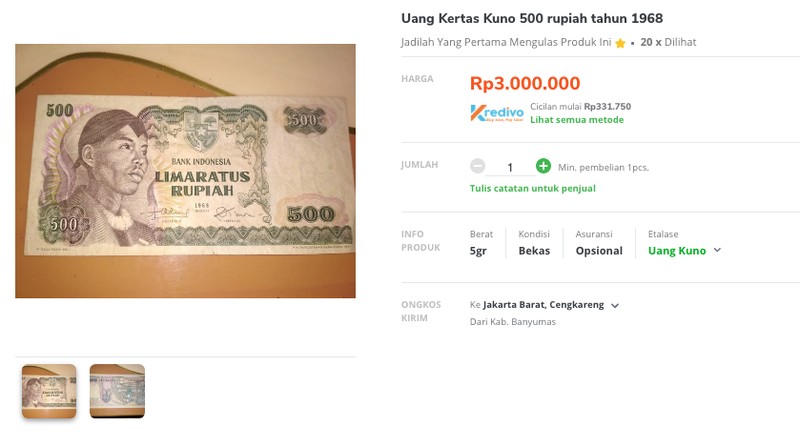 Penjualan uang Rp 500 Tahun Emisi 1968 gambar Jenderal Soedirman di Marketplace. (Tangkapan Layar Tokopedia)