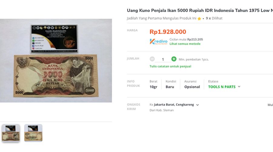 Penjualan uang Rp 500 Tahun Emisi 1968 gambar Jenderal Soedirman di Marketplace. (Tangkapan Layar Tokopedia)
