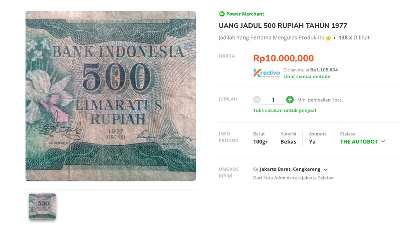 Penjualan uang Rp 500 Tahun Emisi 1968 gambar Jenderal Soedirman di Marketplace. (Tangkapan Layar Tokopedia)