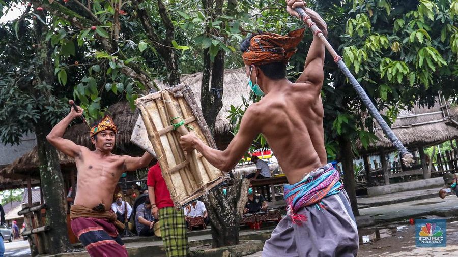 Dua orang petarung memperagakan kesenian khas yang dimiliki masyarakat Lombok, Presean. Seni tradisi ini dilakukan dengan cara adu ketangkasan.

Peresean adalah pertarungan antara dua lelaki yang bersenjatakan tongkat rotan (penjalin) dan berperisai kulit kerbau yang tebal dan keras (perisai disebut ende). Tradisi ini dilakukan oleh masyarakat suku Sasak.

Tradisi ini dilakukan dengan menggunakan penjalin, terbuat dari rotan yang dibaluri aspal hitam dan di dalamnya terdapat pecahan beling yang diikat dengan benang bola warna putih. Penjalin digunakan sebagai alat untuk saling memukul. Ukuran panjangnya sekitar 1,5 meter. (CNBC Indonesia/ Andrean Kristianto)