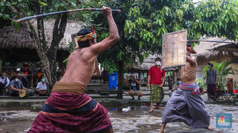 Dua orang petarung memperagakan kesenian khas yang dimiliki masyarakat Lombok, Presean. Seni tradisi ini dilakukan dengan cara adu ketangkasan.

Peresean adalah pertarungan antara dua lelaki yang bersenjatakan tongkat rotan (penjalin) dan berperisai kulit kerbau yang tebal dan keras (perisai disebut ende). Tradisi ini dilakukan oleh masyarakat suku Sasak.

Tradisi ini dilakukan dengan menggunakan penjalin, terbuat dari rotan yang dibaluri aspal hitam dan di dalamnya terdapat pecahan beling yang diikat dengan benang bola warna putih. Penjalin digunakan sebagai alat untuk saling memukul. Ukuran panjangnya sekitar 1,5 meter. (CNBC Indonesia/ Andrean Kristianto)