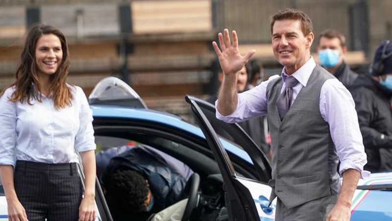 Actors Tom Cruise, right, and Hayley Atwell perform during the shooting of the film Mission Impossible 7, by Christopher McQuarrie, in Rome, Monday, Oct. 12, 2020. (AP Photo/Andrew Medichini)