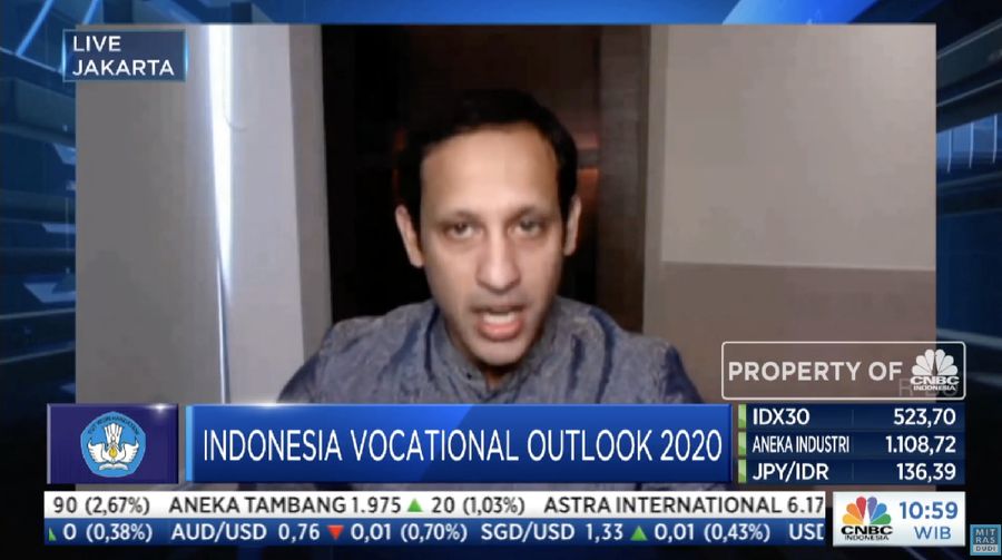 Menteri Pendidikan dan Kebudayaan Nadiem Makarim dalam acara Vocational Outlook 2020 dengan tema