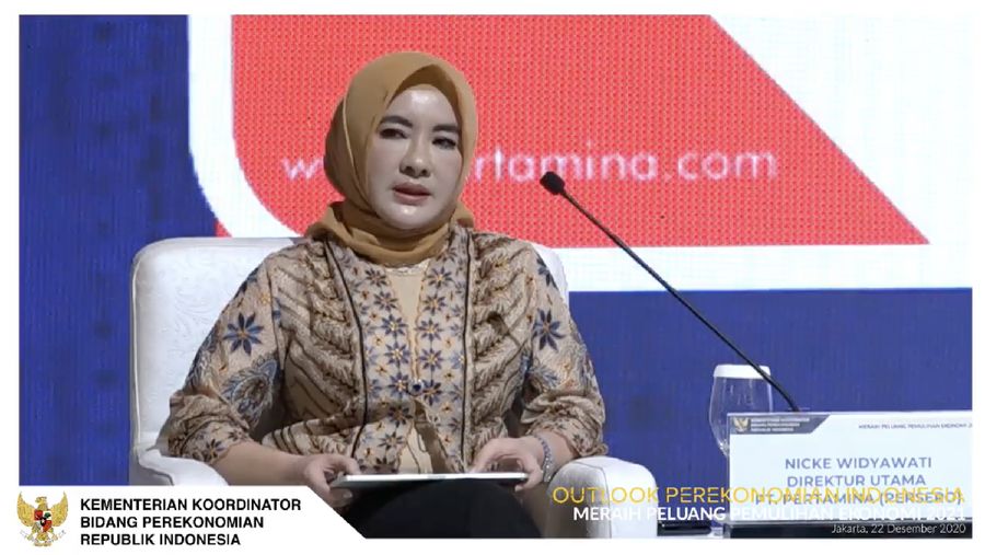Direktur Utama Pertamina, Nicke Widyawati dalam acara Outlook Perekonomian Indonesia 2021. (Tangkapan Layar Youtube PerekonomianRI)