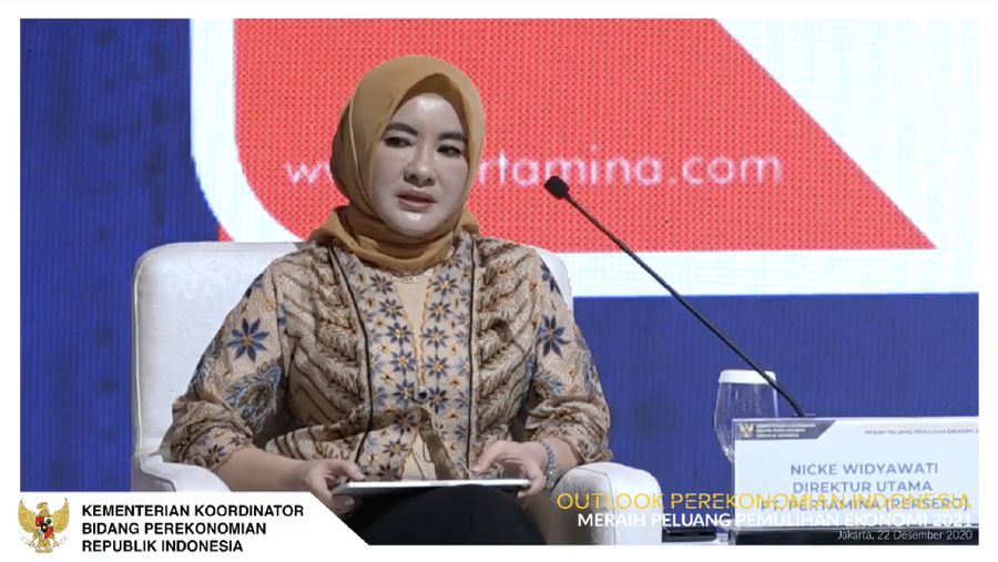 Direktur Utama Pertamina, Nicke Widyawati dalam acara Outlook Perekonomian Indonesia 2021. (Tangkapan Layar Youtube PerekonomianRI)