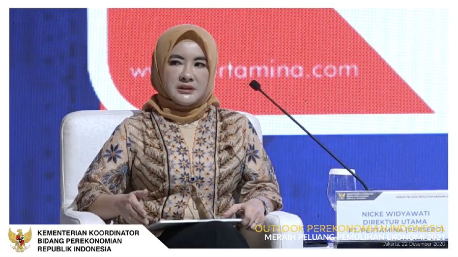 Direktur Utama Pertamina, Nicke Widyawati dalam acara Outlook Perekonomian Indonesia 2021. (Tangkapan Layar Youtube PerekonomianRI)
