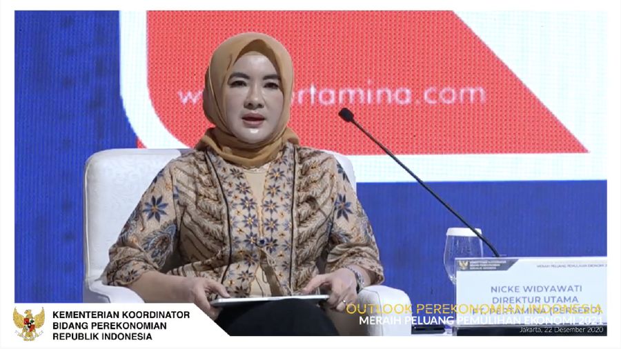 Direktur Utama Pertamina, Nicke Widyawati dalam acara Outlook Perekonomian Indonesia 2021. (Tangkapan Layar Youtube PerekonomianRI)