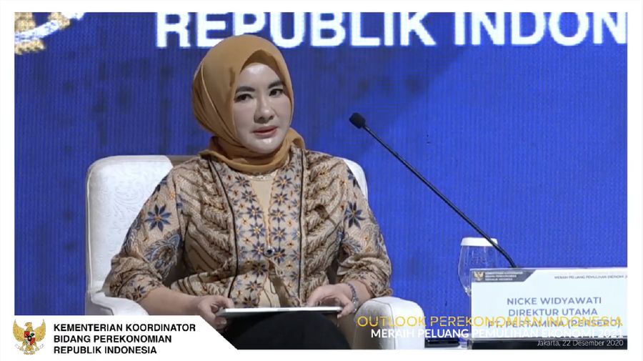 Direktur Utama Pertamina, Nicke Widyawati dalam acara Outlook Perekonomian Indonesia 2021. (Tangkapan Layar Youtube PerekonomianRI)