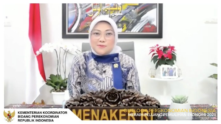 Menteri Ketenagakerjaan Ida Fauziyah dalam acara Outlook Perekonomian Indonesia 2021. (Tangkapan Layar Youtube PerekonomianRI)
