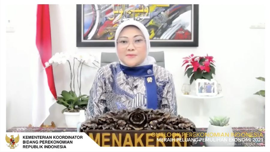 Menteri Ketenagakerjaan Ida Fauziyah dalam acara Outlook Perekonomian Indonesia 2021. (Tangkapan Layar Youtube PerekonomianRI)