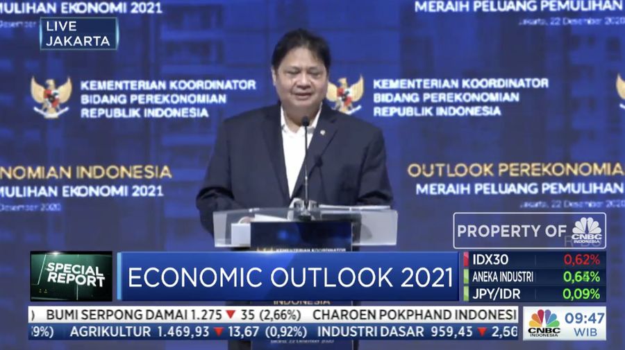 Menteri Koordinator (Menko) Perekonomian, Airlangga Hartarto dalam acara Outlook Perekonomian Indonesia 2021. (Tangkapan Layar)