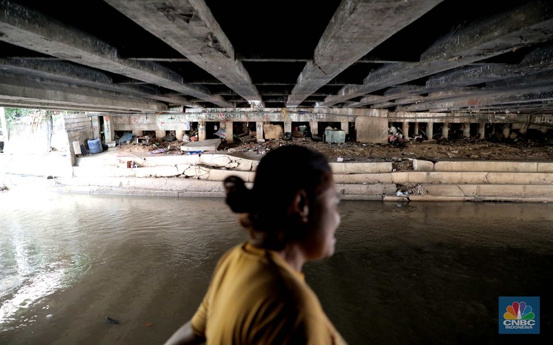 Jokowi meninjau proyek sodetan Kali Ciliwung, Selasa (24/1/2023). (CNBC Indonesia/Emir Yanwardhana)