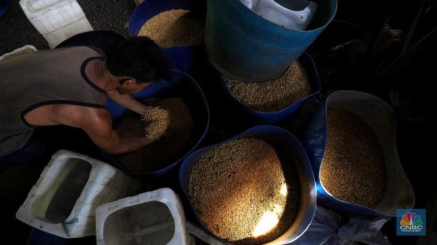 Pekerja beraktivitas di Rumah Produksi Tahu di kawasan Jakarta, Senin (4/1/2021). Produksi tahu di lokasi ini kembali dilanjutkan setelah beberapa hari belakangan mogok akibat naiknya harga kedelai yang mencapai Rp9.200 per kilogram dari harga normal Rp72.00 per kilogram. (CNBC Indonesia/Tri Susilo)