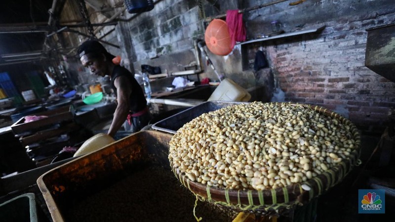 Pekerja beraktivitas di Rumah Produksi Tahu di kawasan Jakarta, Senin (4/1/2021). Produksi tahu di lokasi ini kembali dilanjutkan setelah beberapa hari belakangan mogok akibat naiknya harga kedelai yang mencapai Rp9.200 per kilogram dari harga normal Rp72.00 per kilogram. (CNBC Indonesia/Tri Susilo)