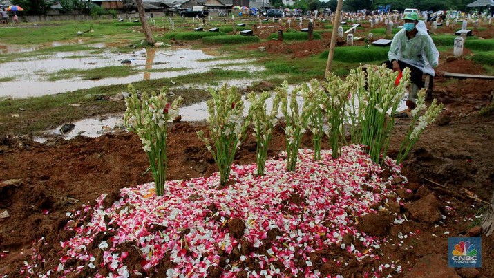 Suasana pemakaman di Tegal Alur, Jakarta, Selasa (5/1/2021). Penggalian lubang untuk korban meninggal Covid-19 di tempat Pemakaman Umum Tegal Alur, Kalideres, Jakarta Barat, hingga saat ini mencapai 60 lebih liang per hari. (CNBC Indonesia/Tri Susilo)