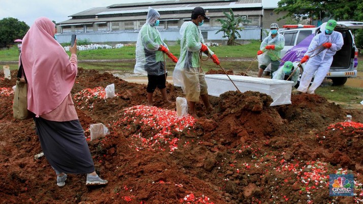 Suasana pemakaman di Tegal Alur, Jakarta, Selasa (5/1/2021). Penggalian lubang untuk korban meninggal Covid-19 di tempat Pemakaman Umum Tegal Alur, Kalideres, Jakarta Barat, hingga saat ini mencapai 60 lebih liang per hari. (CNBC Indonesia/Tri Susilo) Suasana pemakaman di Tegal Alur, Jakarta, Selasa (5/1/2021). Penggalian lubang untuk korban meninggal Covid-19 di tempat Pemakaman Umum Tegal Alur, Kalideres, Jakarta Barat, hingga saat ini mencapai 60 lebih liang per hari. (CNBC Indonesia/Tri Susilo)