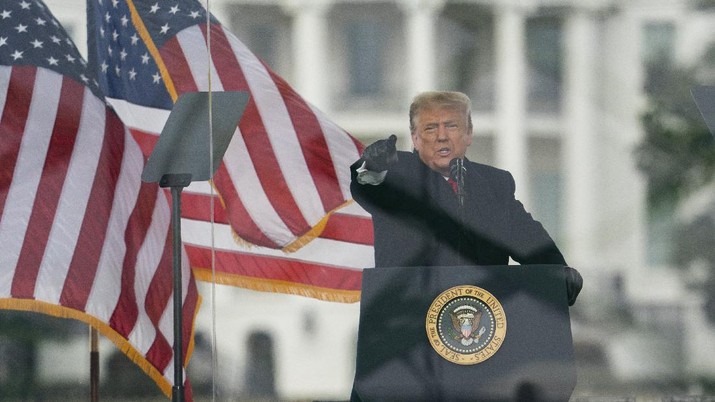 Trump President Donald Trump speaks during a rally protesting the electoral college certification of Joe Biden as President, Wednesday, Jan. 6, 2021, in Washington. (AP Photo/Evan Vucci)