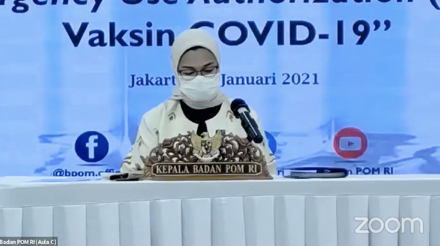 Kepala Badan Pengawas Obat dan Makanan (BPOM) Penny Lukito dalam Konferensi Pers Emergency Use Authorization (EUA) Vaksin COVID-19. (Tangkapan Layar Youtube Badan POM RI)