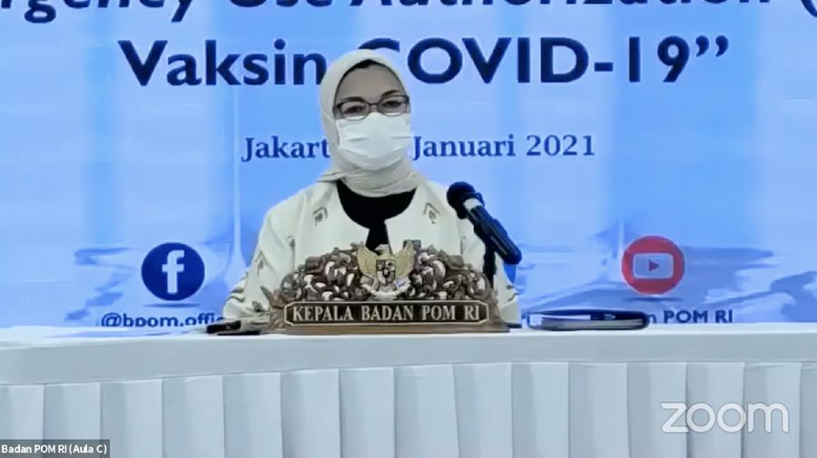 Kepala Badan Pengawas Obat dan Makanan (BPOM) Penny Lukito dalam Konferensi Pers Emergency Use Authorization (EUA) Vaksin COVID-19. (Tangkapan Layar Youtube Badan POM RI)
