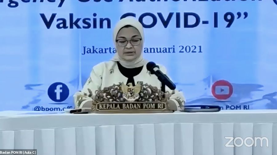 Kepala Badan Pengawas Obat dan Makanan (BPOM) Penny Lukito dalam Konferensi Pers Emergency Use Authorization (EUA) Vaksin COVID-19. (Tangkapan Layar Youtube Badan POM RI)