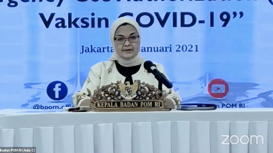 Kepala Badan Pengawas Obat dan Makanan (BPOM) Penny Lukito dalam Konferensi Pers Emergency Use Authorization (EUA) Vaksin COVID-19. (Tangkapan Layar Youtube Badan POM RI)