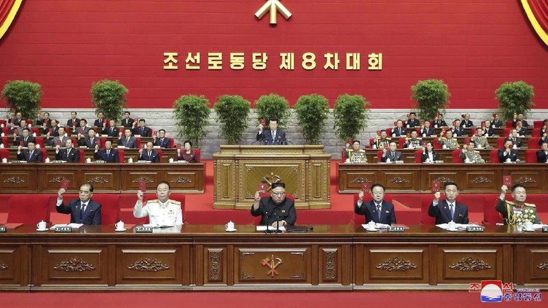 In this photo provided by the North Korean government, North Korean leader Kim Jong Un attends the ruling party congress in Pyongyang, North Korean, Sunday, Jan. 10, 2021. Kim was given a new title, “general secretary” of the ruling Workers’ Party, formerly held by his late father and grandfather, state media reported Monday, Jan. 11, in what appears to a symbolic move aimed at bolstering his authority amid growing economic challenges. Independent journalists were not given access to cover the event depicted in this image distributed by the North Korean government. The content of this image is as provided and cannot be independently verified. Korean language watermark on image as provided by source reads: 