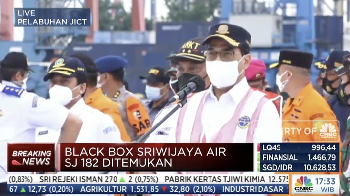 Menteri Perhubungan Budi Karya melakukan konfrensi pers penemuan black box dari kecelakaan pesawat Sriwjaya Air SJ-182. (Tangkapan Layar)