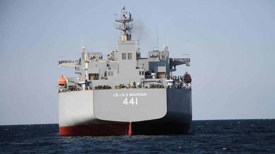 This photo released on Tuesday, Jan. 12, 2021 by the Iranian Army, shows Iran-made warship Makran prior to be joined to the Navy, in Iran. Iran's navy was poised to begin a short-range missile drill in the Gulf of Oman on Wednesday, state TV reported, amid heightened regional tensions over Tehran's nuclear program and a U.S. pressure campaign against the Islamic Republic. (Iranian Army via AP)