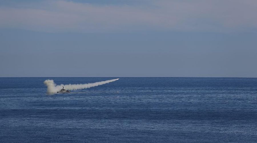 In this image released Thursday, Jan. 14, 2021, by the Iranian Army, a missile is launched from a warship during a naval drill. Iran fired cruise missiles Thursday as part of the drill in the Gulf of Oman, state media reported, amid heightened tensions with the U.S. (Iranian Army via AP)
