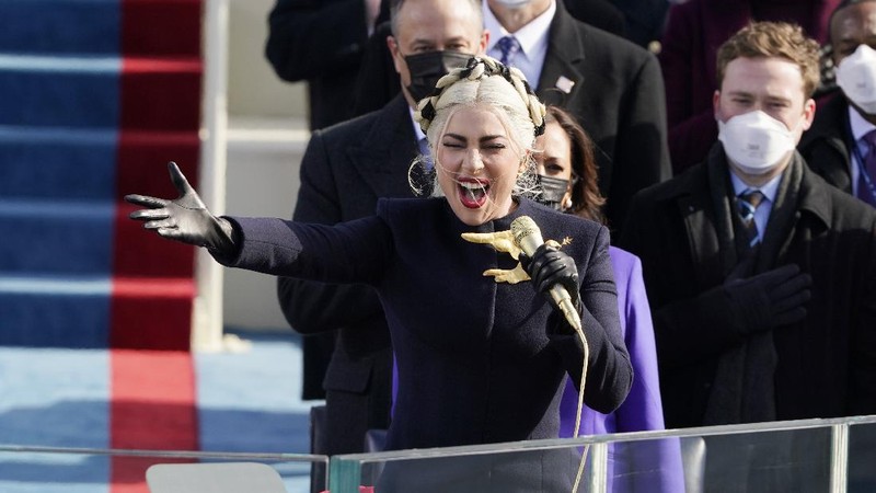 Lady Gaga arrives to sing the National Anthem at the inauguration of U.S. President-elect Joe Biden on the West Front of the U.S. Capitol on Wednesday, Jan. 20, 2021 in Washington. (Win McNamee /Pool Photo via AP)